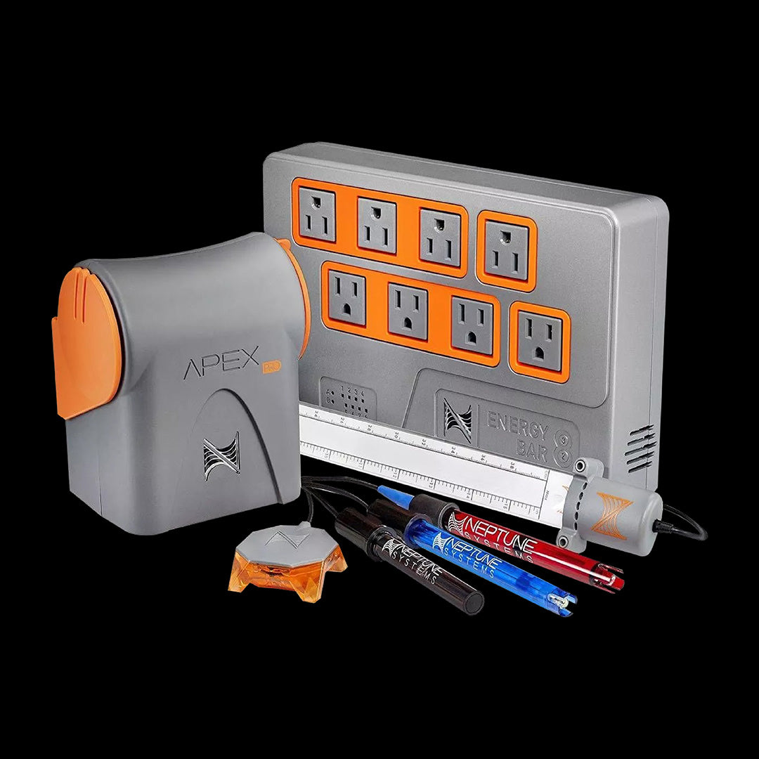 Accessoires contrôleur Neptune Apex incluant pompes DC, capteurs de sécurité et modules pour automatisation aquariu