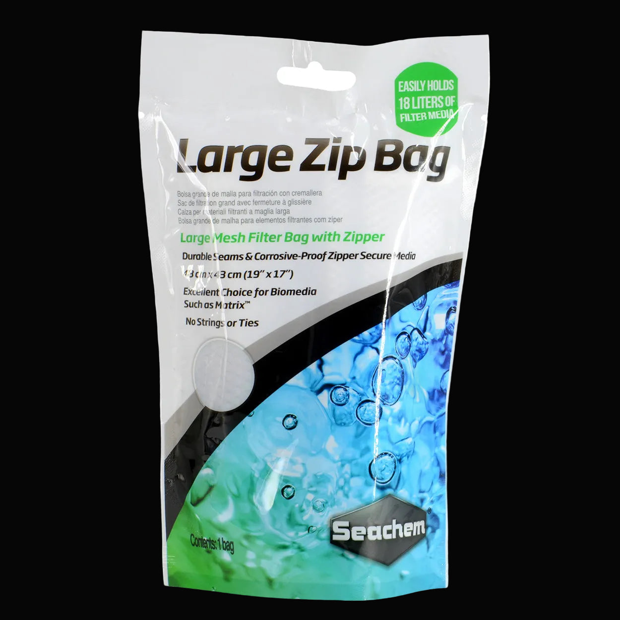 Seachem Zip Bag Large 19 x 17 po — sac filtrant à fermeture éclair 18 L de média