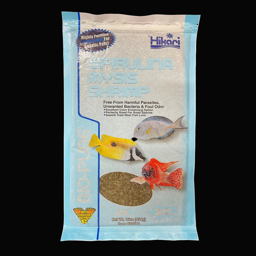 Hikari Bio-Pure frozen spirulina mysis shrimp packaging, 16 oz (454 g) flat pack