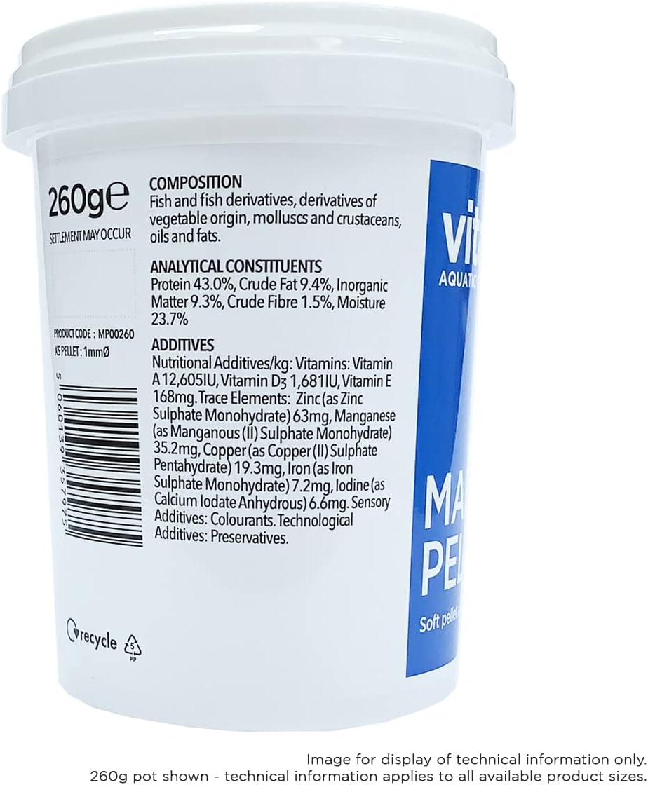 Pot Vitalis Marine Pellets 1 mm 260 g granules marines molles farine de poisson entier tous poissons marins vue arrière