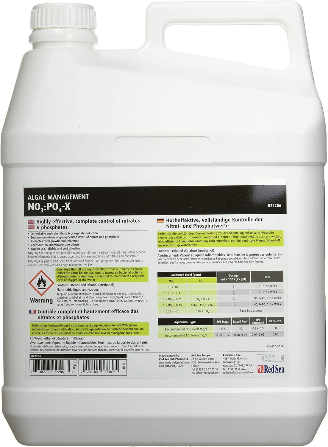 Dos du bidon Red Sea NO3:PO4-X 5 L avec tableau de dosage officiel nitrates et phosphates