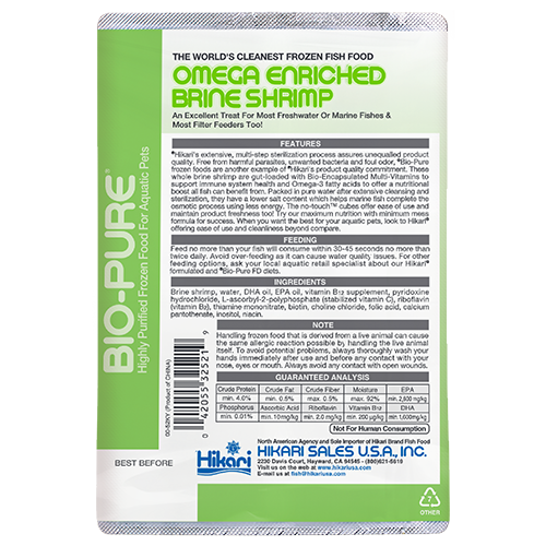 Endos de l'emballage Hikari Bio-Pure artémia Omega congelées avec ingrédients et analyse garantie