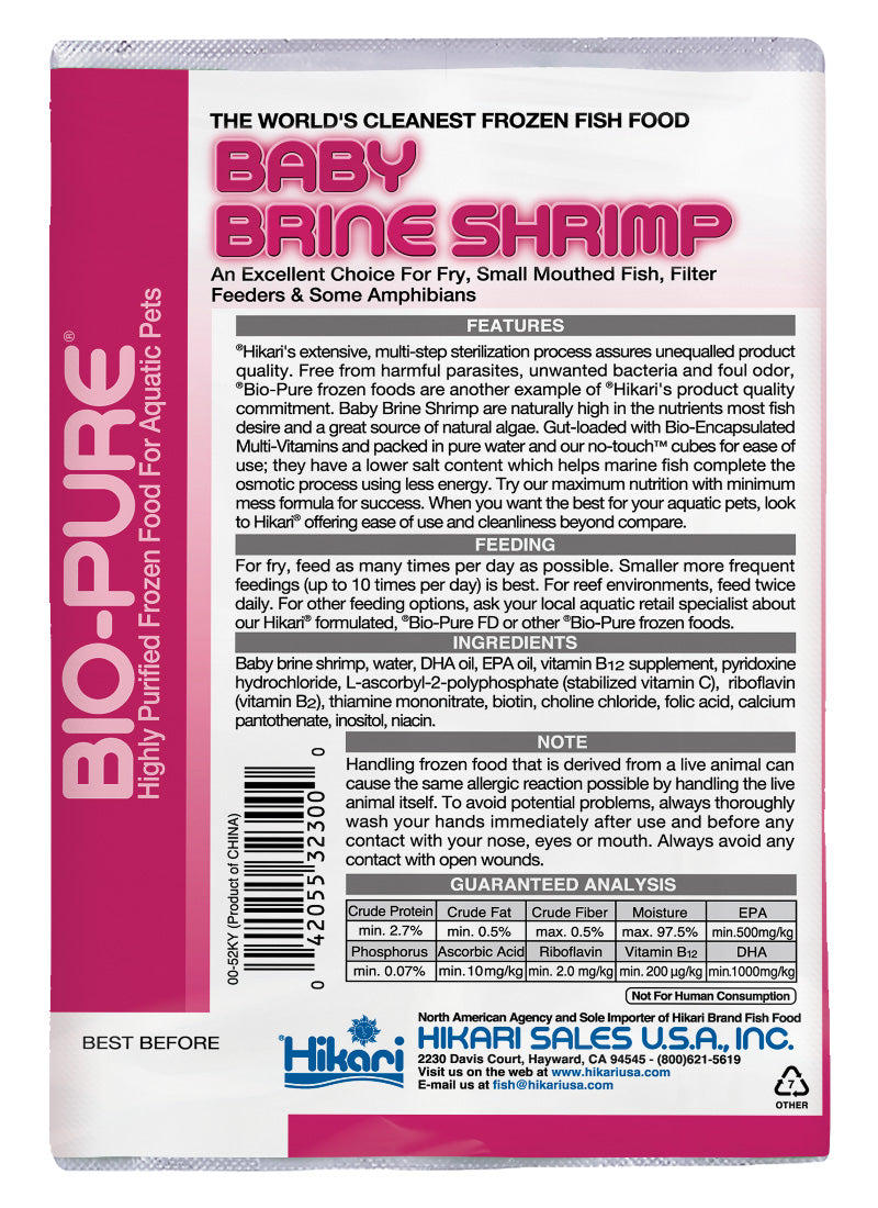 Endos de l'emballage Hikari Bio-Pure baby brine shrimp congelées avec ingrédients et analyse garantie