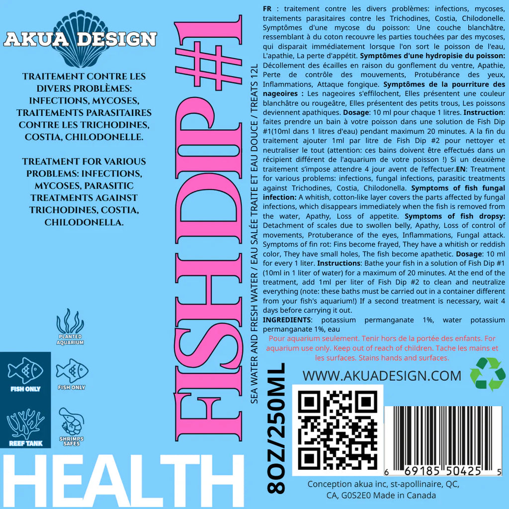 FISH DIP 1 Health Étape 1 Refill - Traitement mycoses et parasites pour poissons d'eau douce 8 oz
