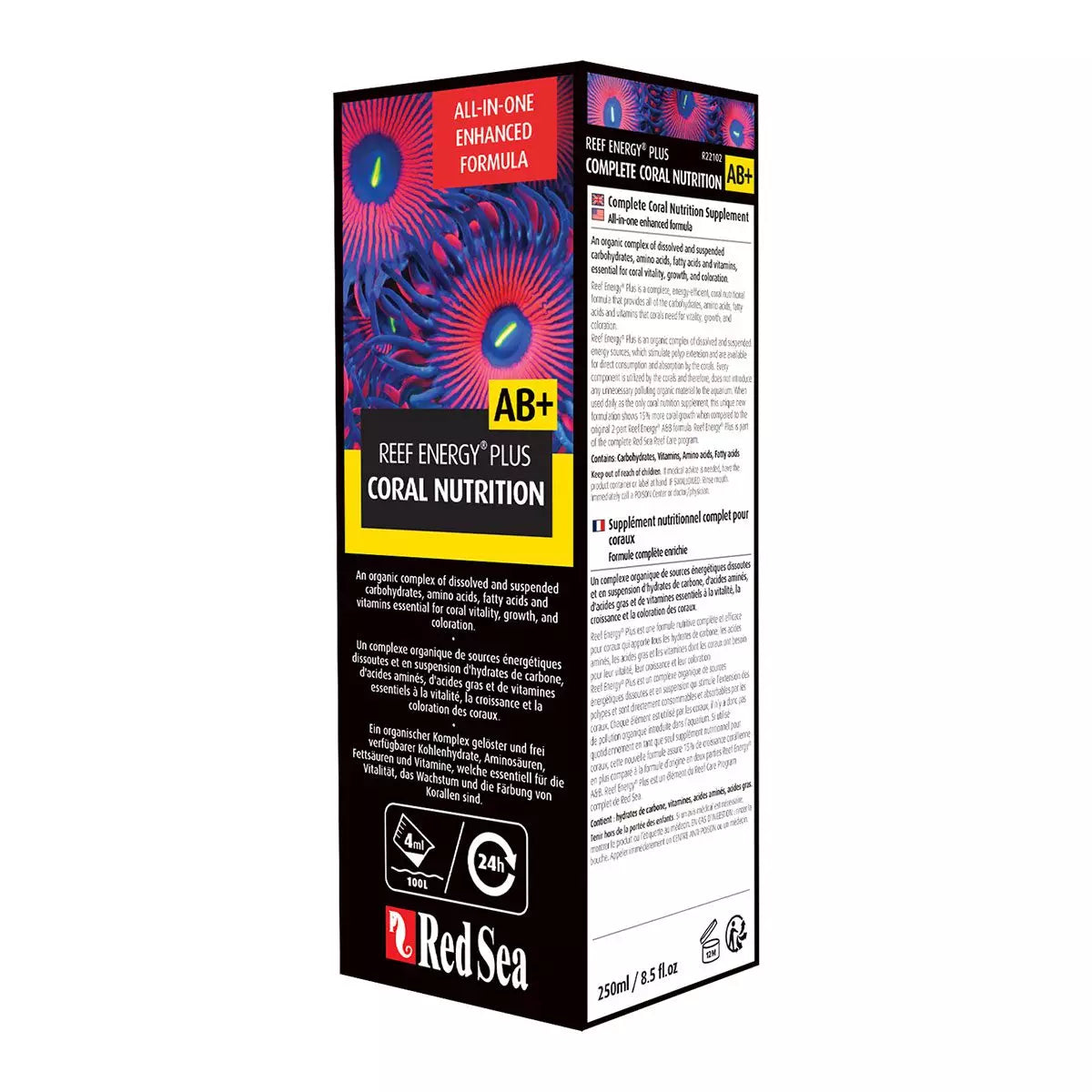 Boîte et bouteille Red Sea Reef Energy Plus AB+ 250 ml, format d'essai pour nourrir les coraux