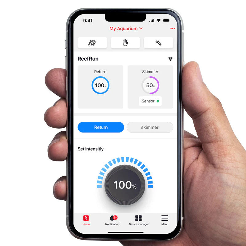 Application Red Sea ReefBeat sur téléphone contrôle écumeur DC intensité pompe Self-Leveling