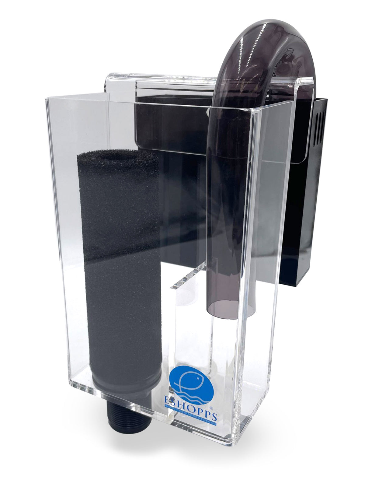 Boîte de trop-plein Eshopps PF-300 vue de trois quarts : boîtier transparent, mousse noire et tube en U