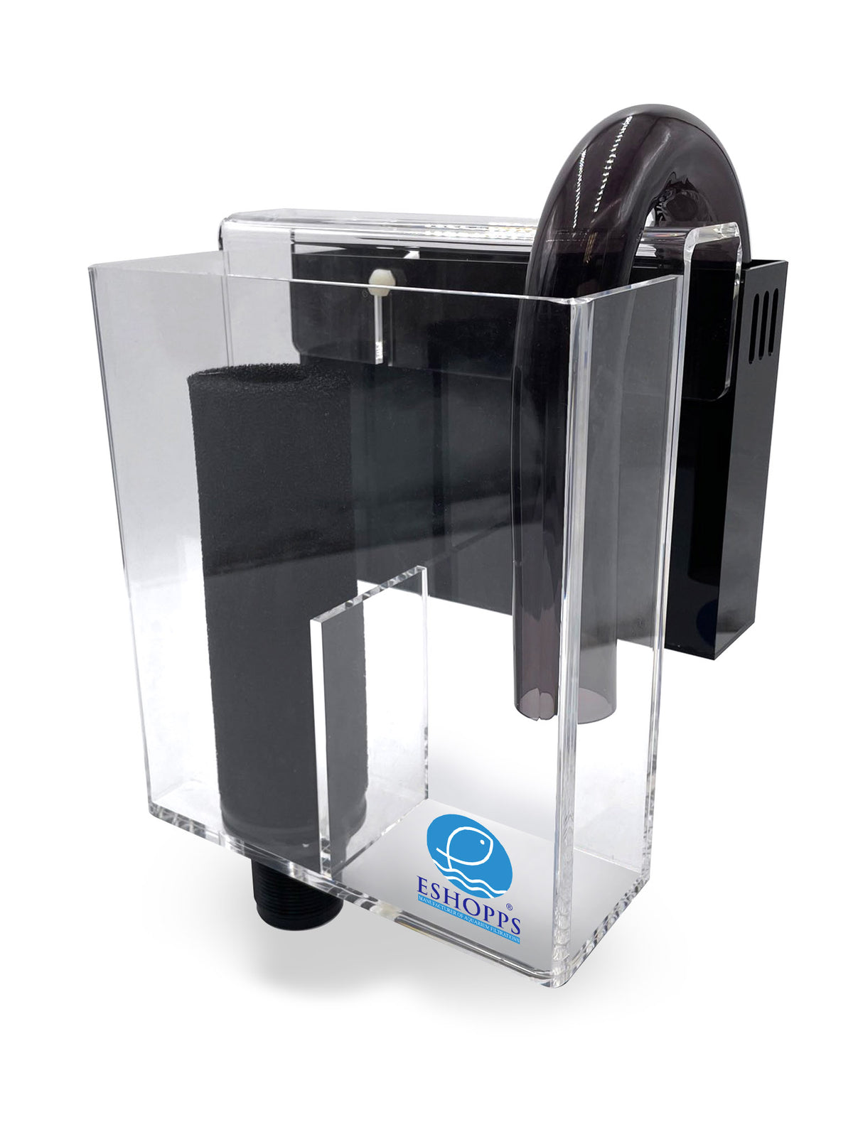 Boîte de trop-plein Eshopps PF-800 vue de trois quarts : boîtier transparent, mousse noire et tube en U