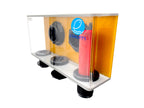 Boîte de trop-plein Eshopps Prodigy L vue de trois quarts : panneau orange, deux traversées et tube rouge