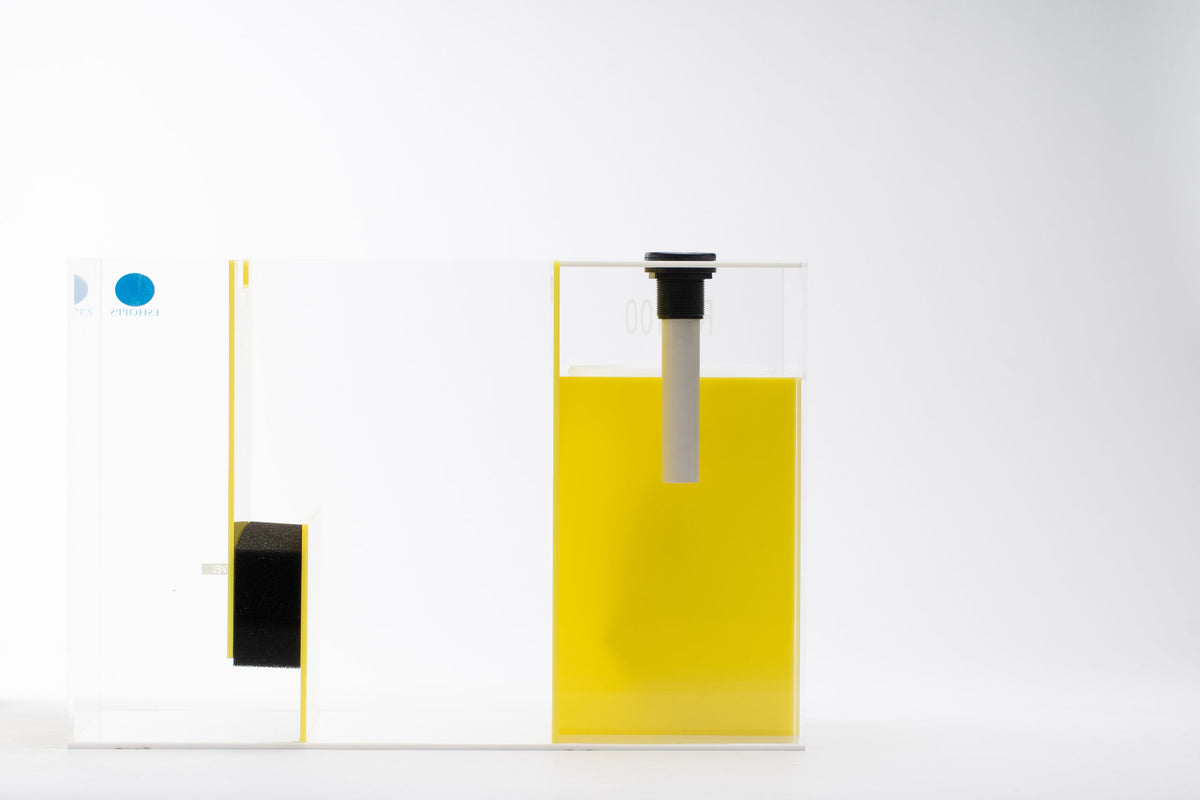 Eshopps RS-100 Oceana reef sump, rear view: yellow compartment, drain pipe and baffles