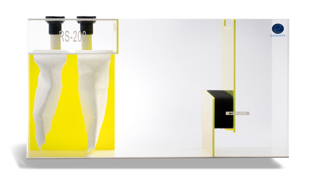 Eshopps RS-200 Oceana reef sump, front view: two filter socks, yellow compartment and baffles