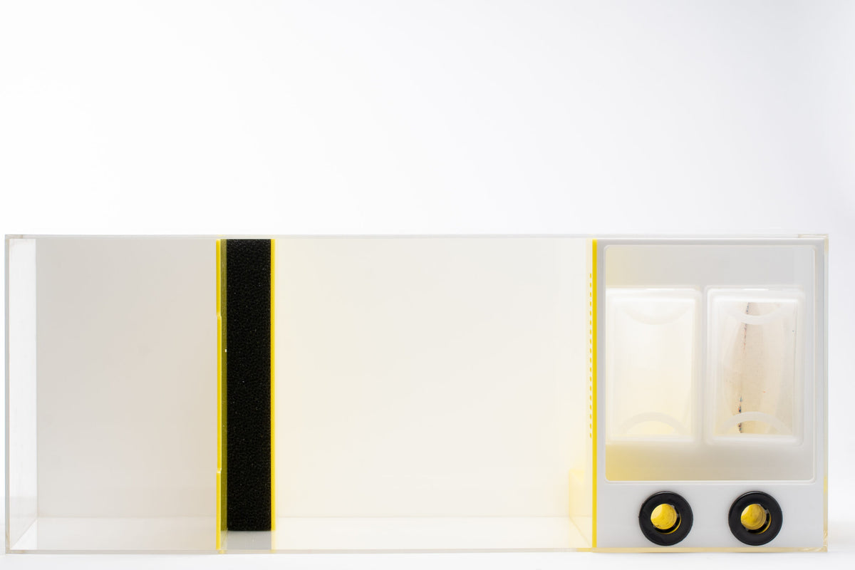 Eshopps RS-300 Oceana reef sump, top view: two filter socks, drain fittings and baffles
