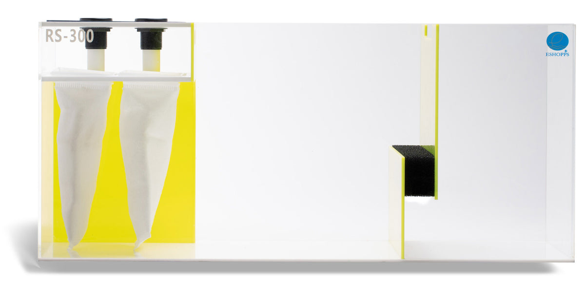 Eshopps RS-300 Oceana reef sump, front view: two filter socks, yellow compartment and baffle