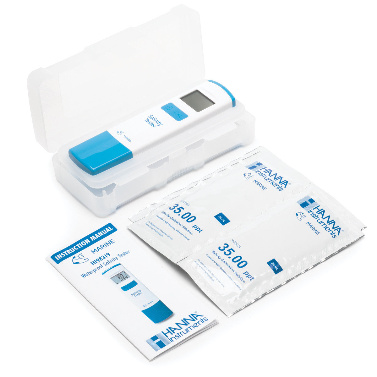 Hanna HI98319 salinity tester — open box and its contents