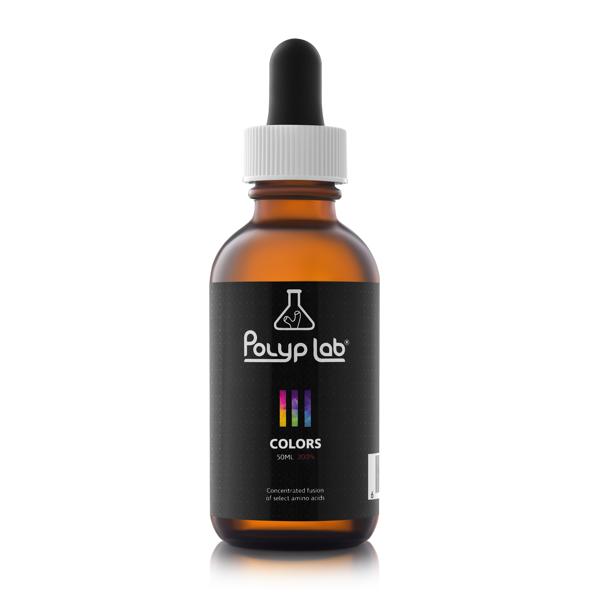 Polyplab Colors 50 ml, flacon compte-gouttes d'acides aminés pour coraux, étiquette noire, vue de face