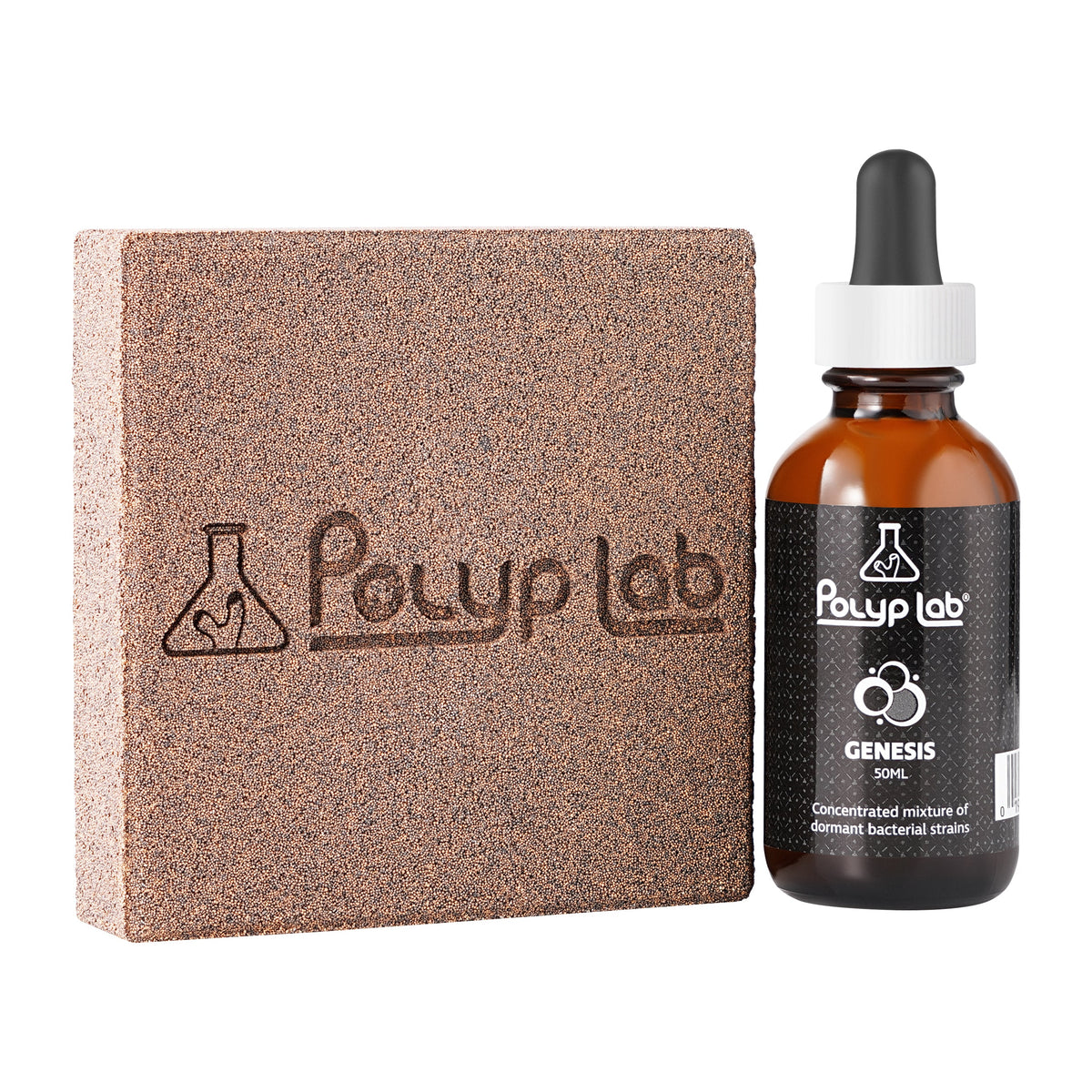 Polyplab Genesis Rock Booster, Genesis Rock block next to the Genesis 50 ml bacteria bottle, out of the box
