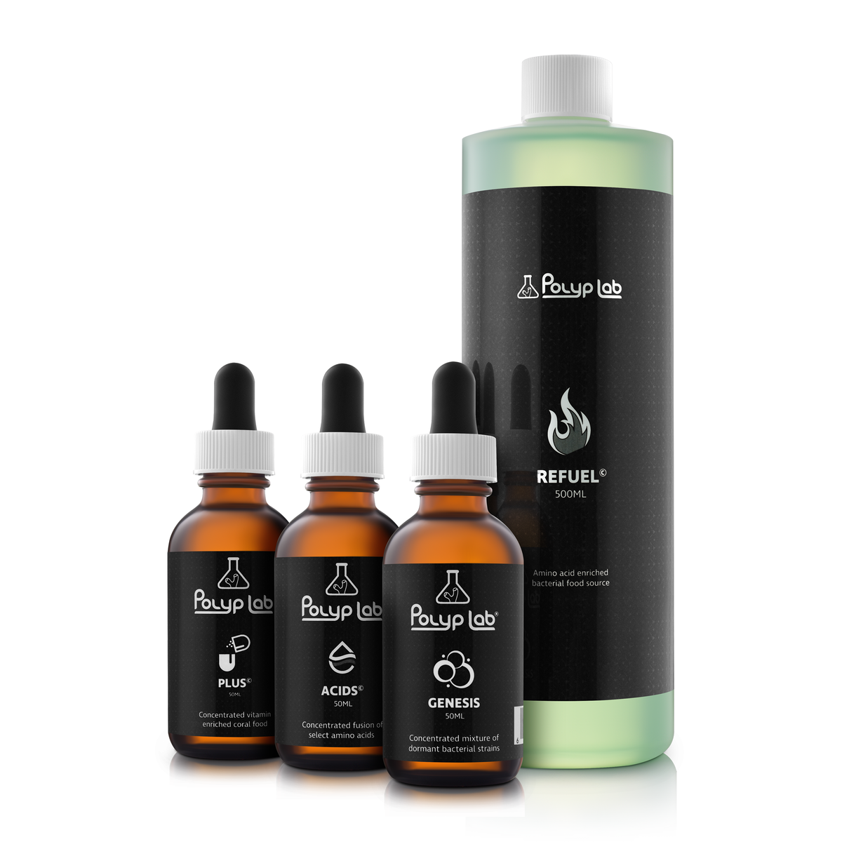 Polyplab Reef-Resh Complete, système 4 parties : flacons Plus, Acids, Genesis et bouteille Refuel 500 ml
