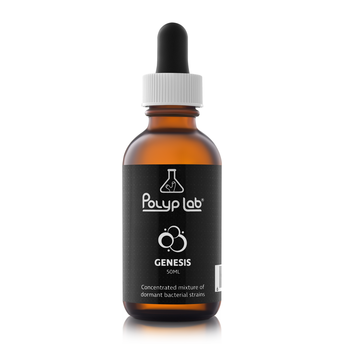Polyplab RF Genesis 50 ml, flacon compte-gouttes de souches bactériennes, étiquette noire, vue de face