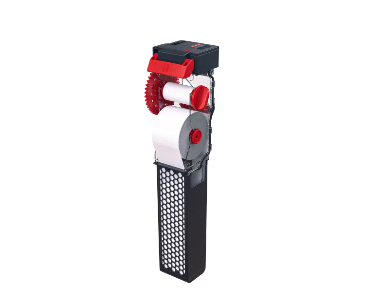 Red Sea NanoMat roller filter in three-quarter view, red gear and black perforated basket