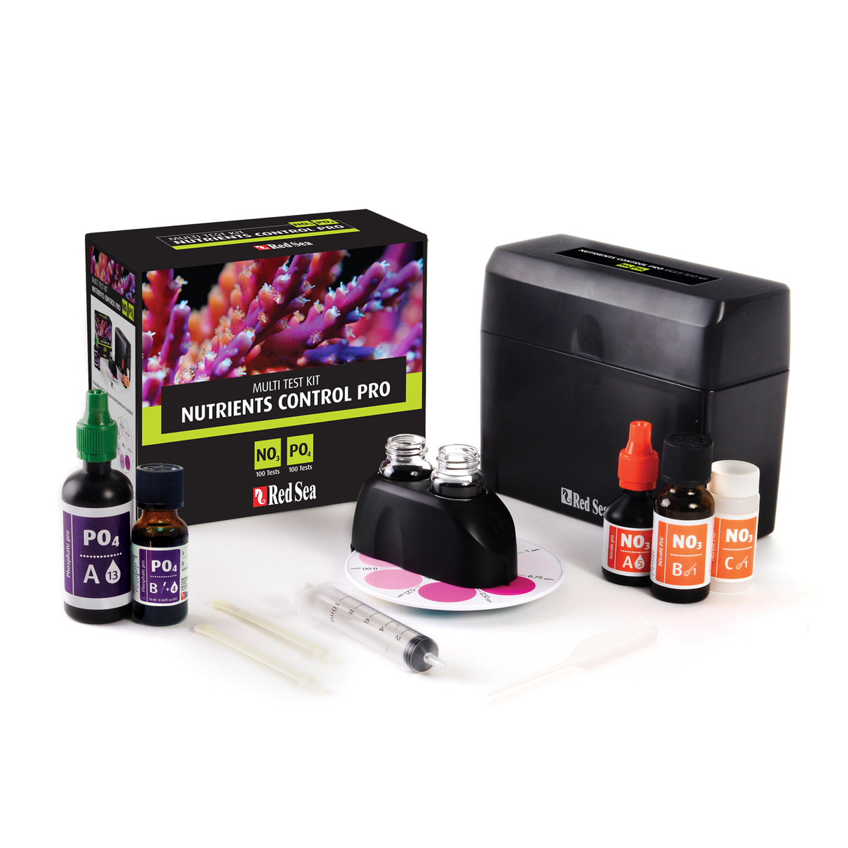Trousse Red Sea Nutrients Control Pro Multi Test Kit : boîte, réactifs NO3 et PO4, comparateur et seringue