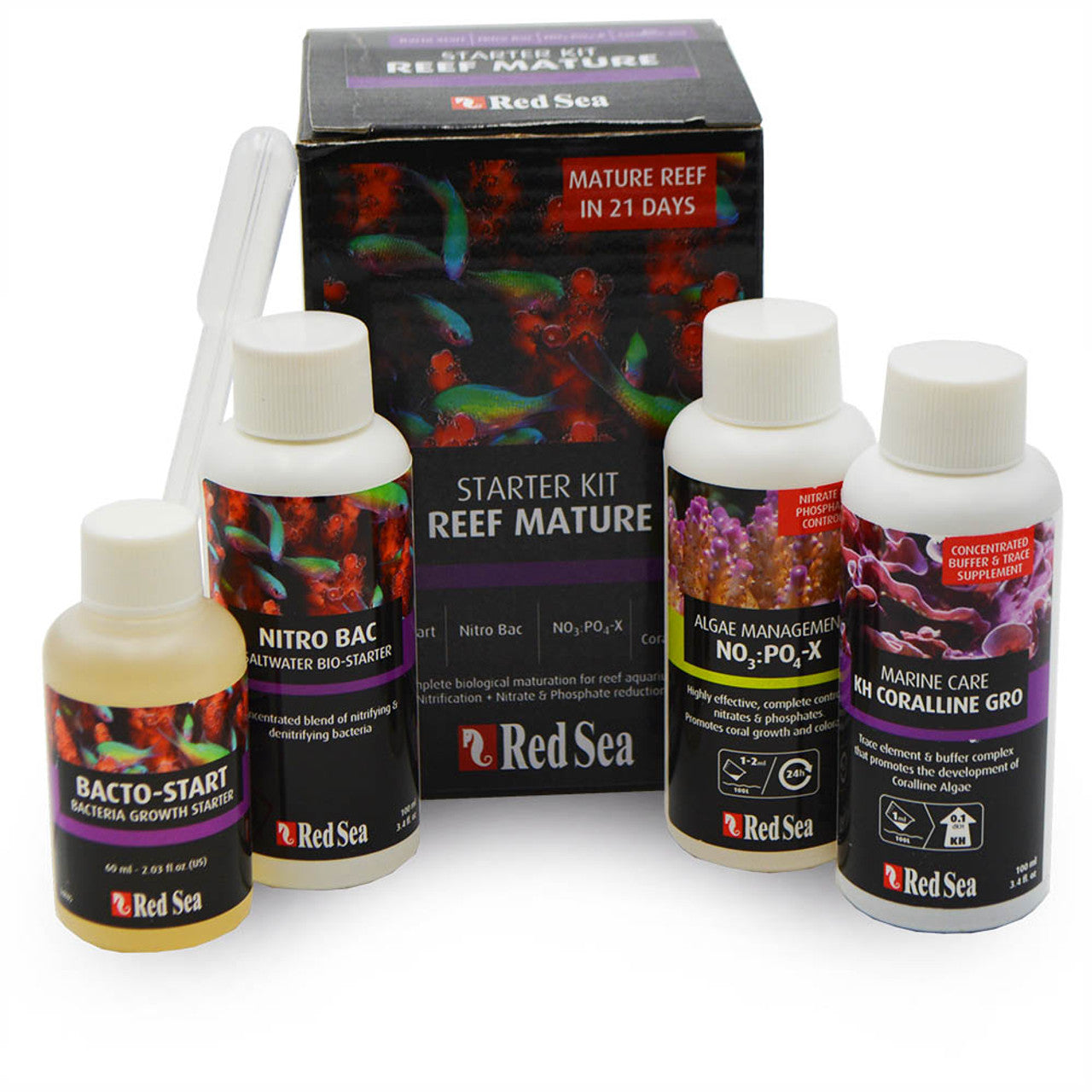 Contents of the Red Sea Reef Mature Pro Starter Kit, including Nitro Bac, Bacto-Start, NO3:PO4-X, and KH Coralline Gro