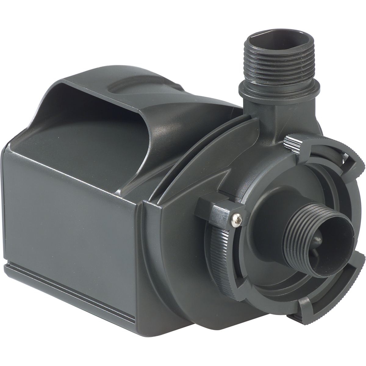 Sicce Multi 5800 multifunction pump on its own, three-quarter view of the volute side with threaded outlets