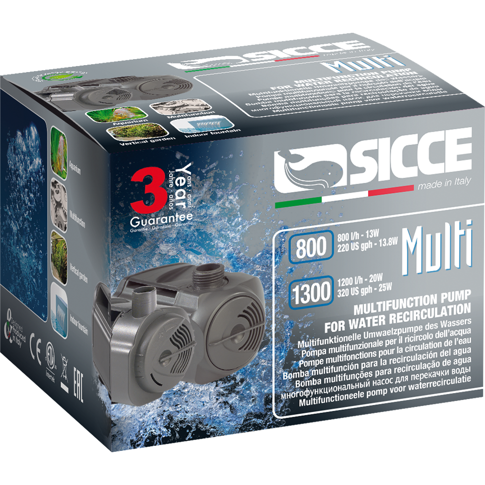 Sicce Multi 800 multifunction pump retail box, shared packaging printed with the 800 and 1300 models