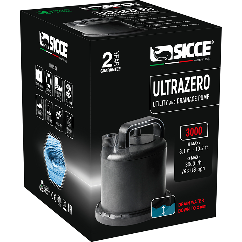 Boîte d'emballage de la pompe utilitaire et de vidange Sicce UltraZero, « 3000 » imprimé sur la boîte
