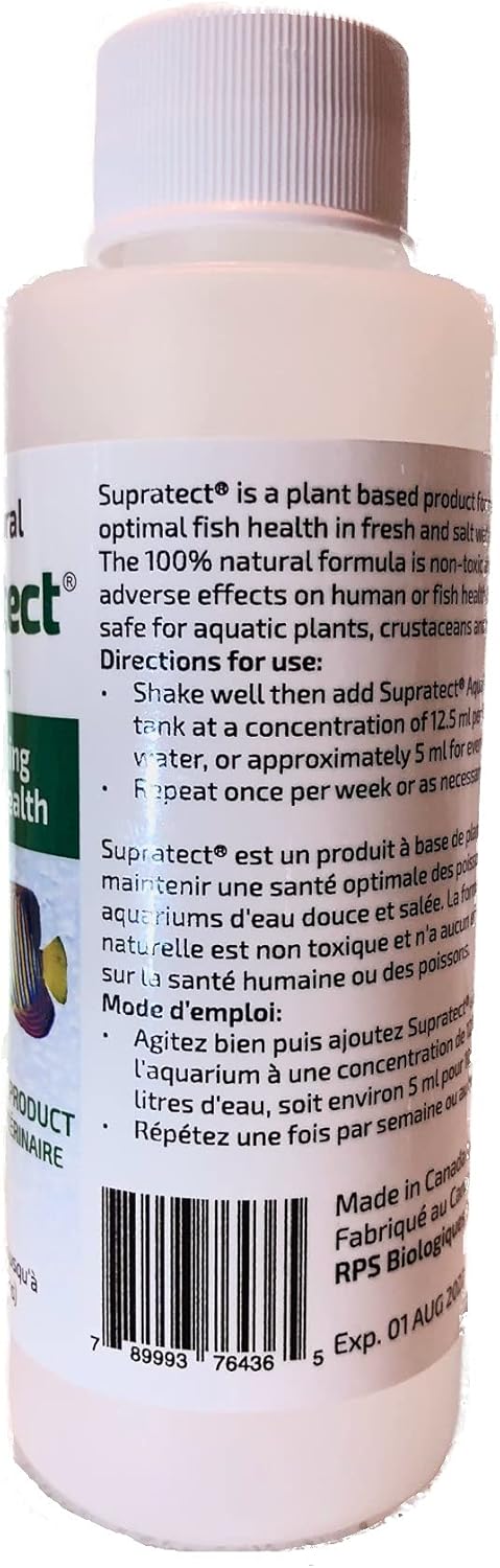 Packaging of Supratect™ 120ml natural fish health product.