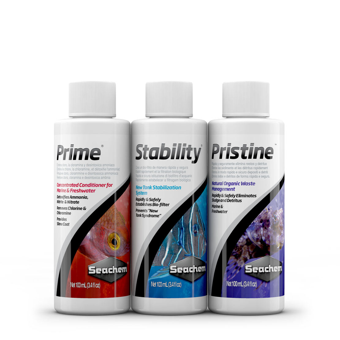 Seachem SureStart — the three 100 ml bottles in the pack: Prime, Stability and Pristine