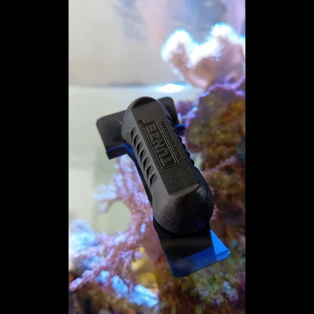 Tunze Care Magnet pico en gros plan sur la vitre d'un aquarium récifal