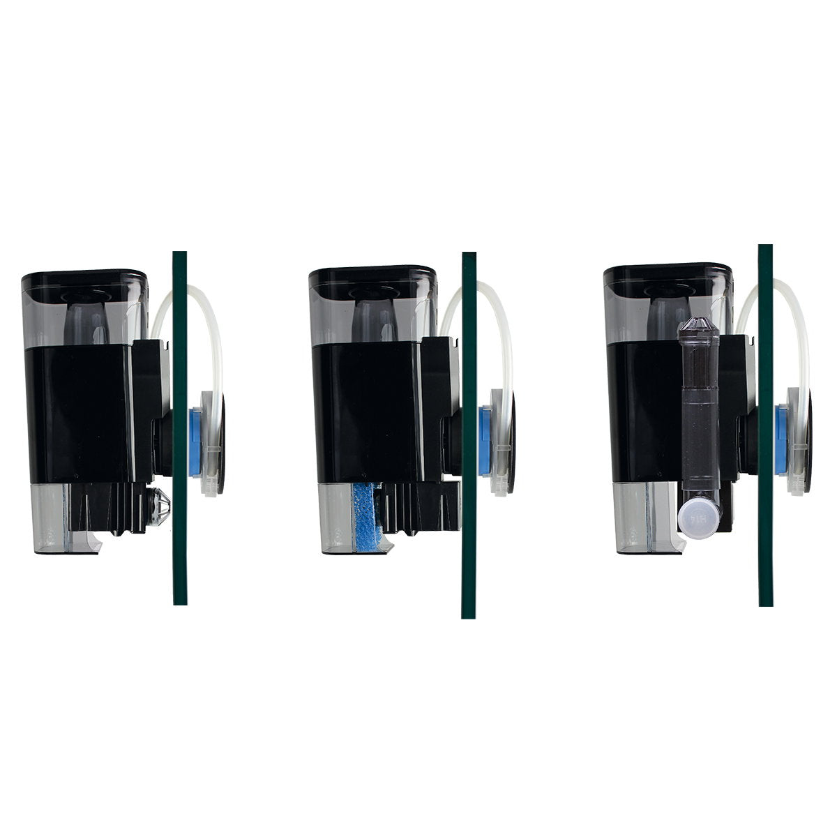 Écumeur Tunze Comline DOC Skimmer 9001 DC — trois vues de l'écumeur fixé sur une vitre