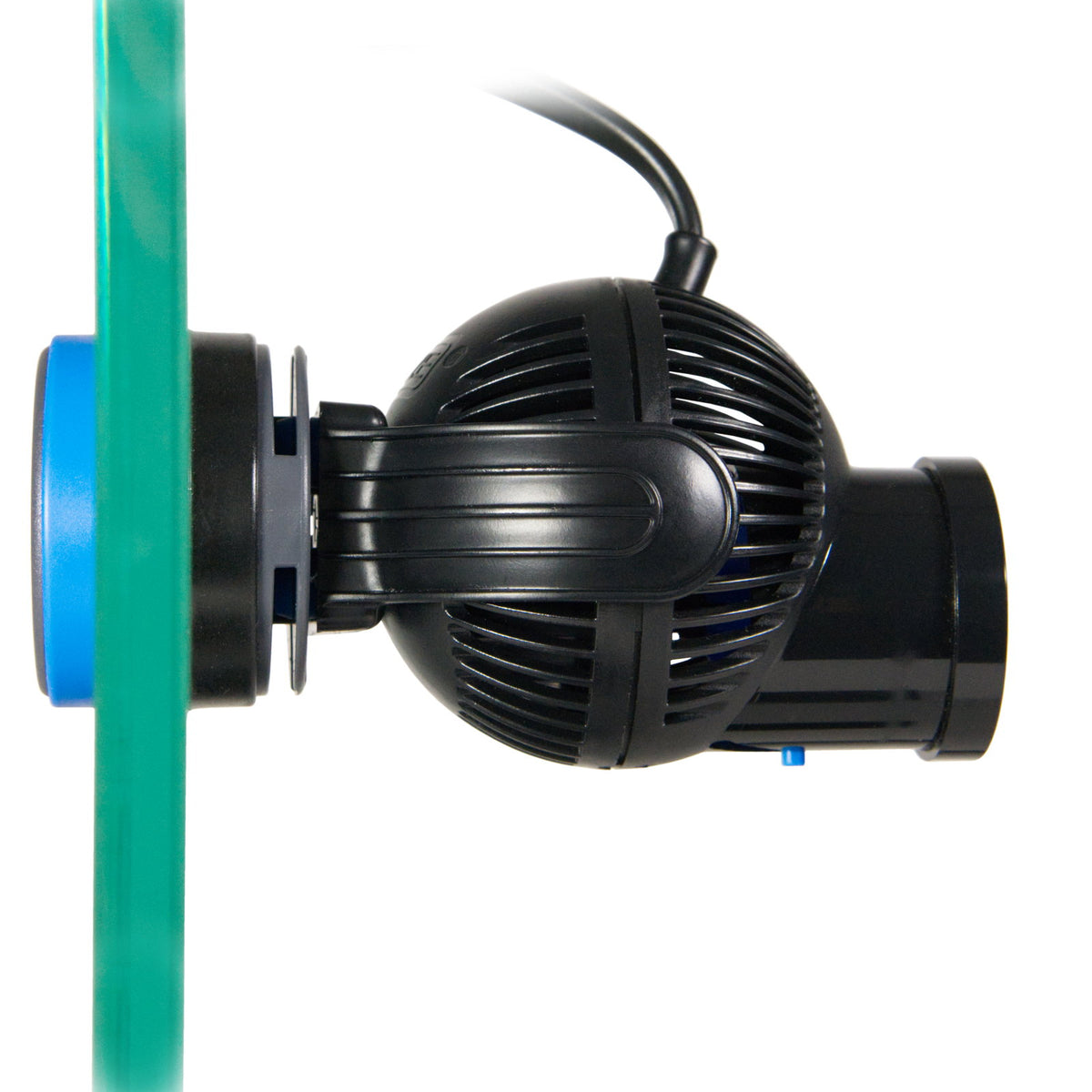 Tunze Turbelle nanostream 6045 pump mounted on glass with its magnet holder, side view