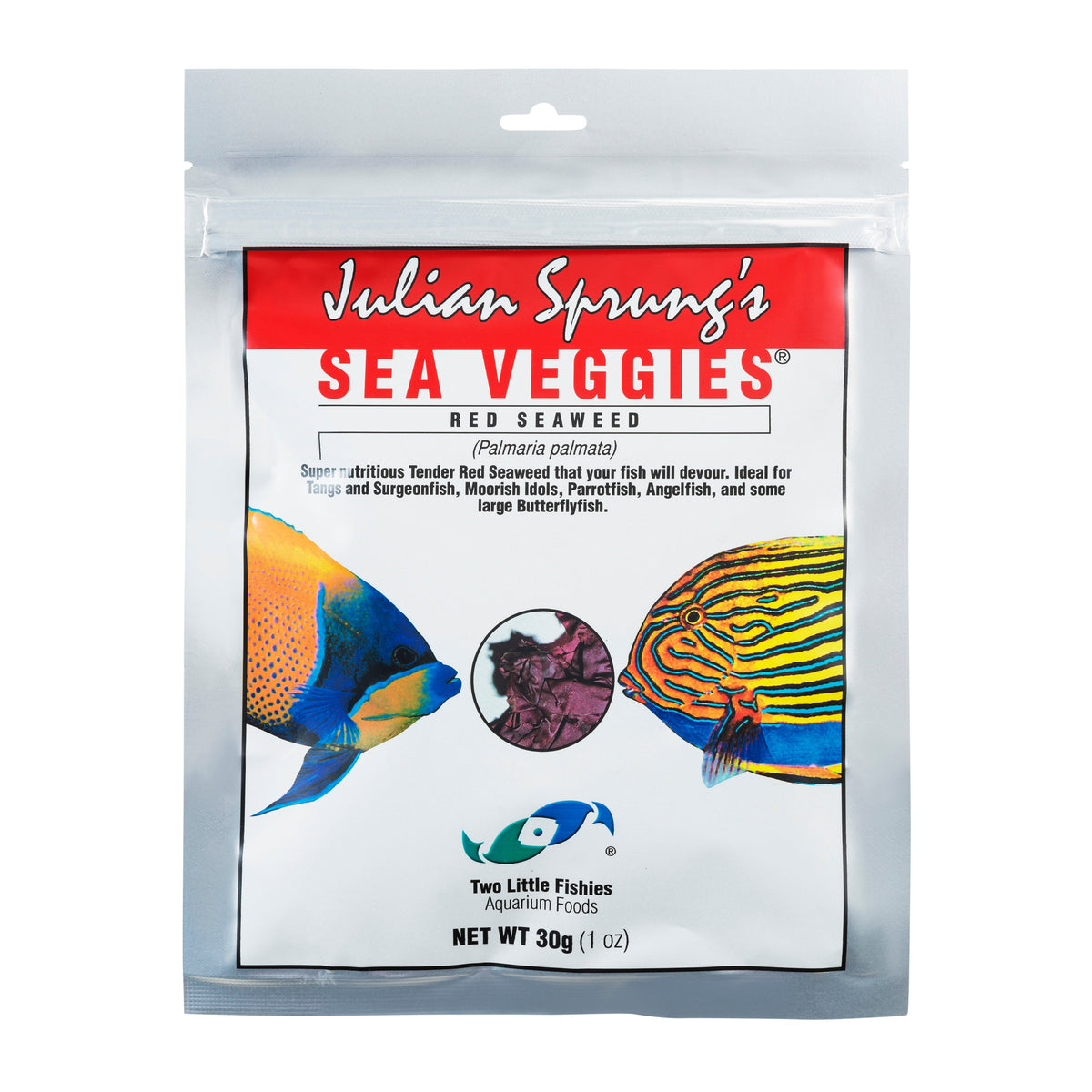 Front view of a 30 g bag of Julian Sprung’s SeaVeggies red seaweed by Two Little Fishies